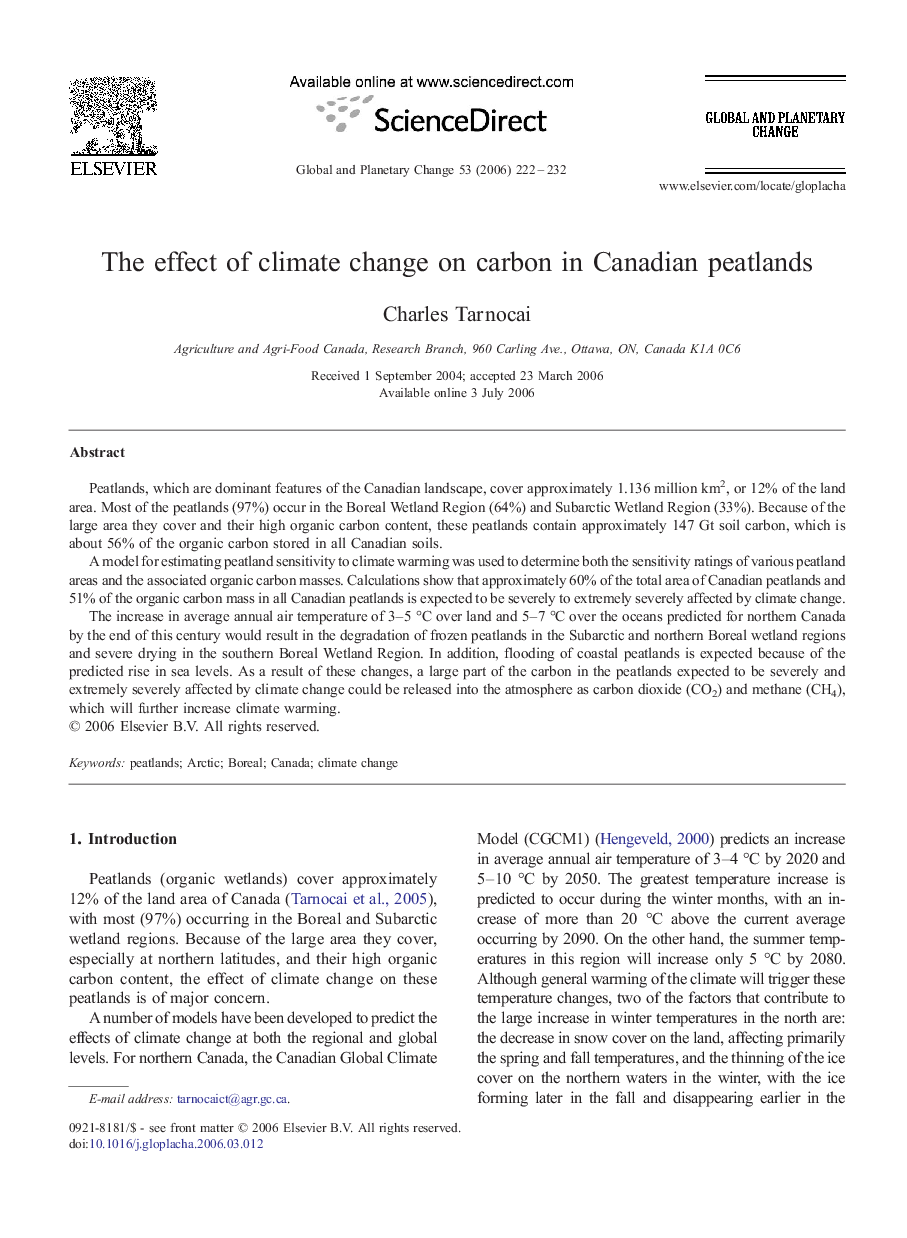 The effect of climate change on carbon in Canadian peatlands