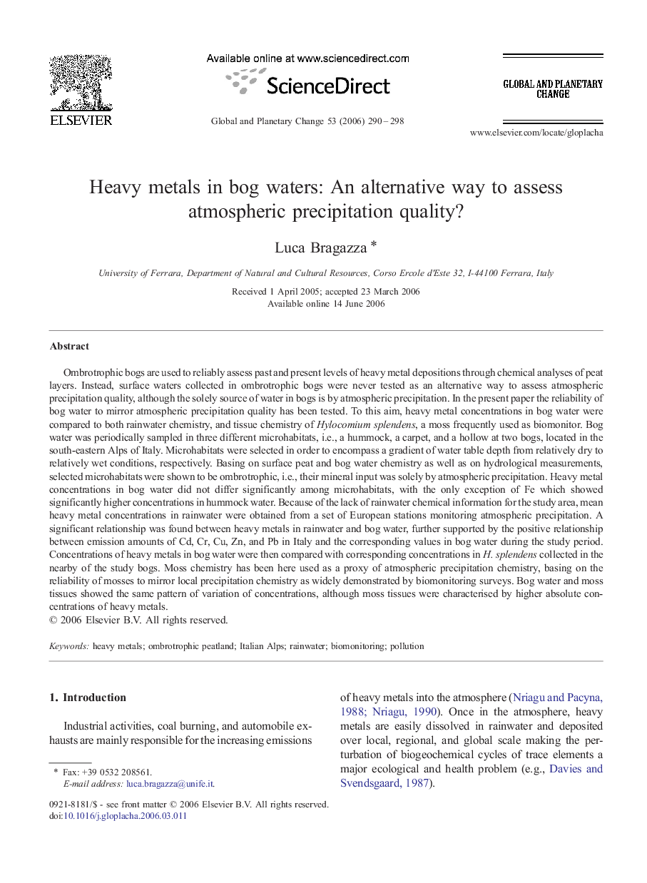 Heavy metals in bog waters: An alternative way to assess atmospheric precipitation quality?