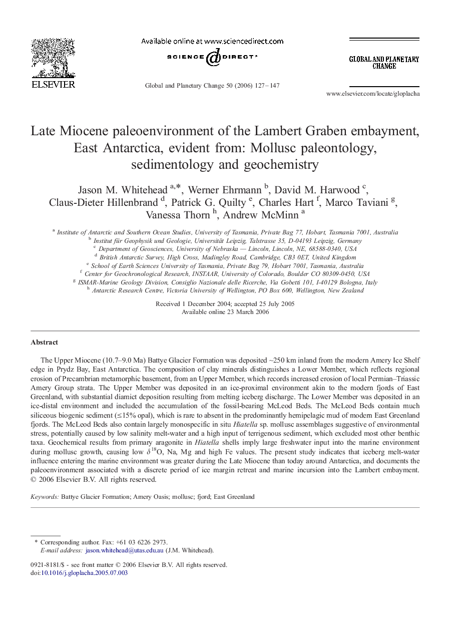 Late Miocene paleoenvironment of the Lambert Graben embayment, East Antarctica, evident from: Mollusc paleontology, sedimentology and geochemistry