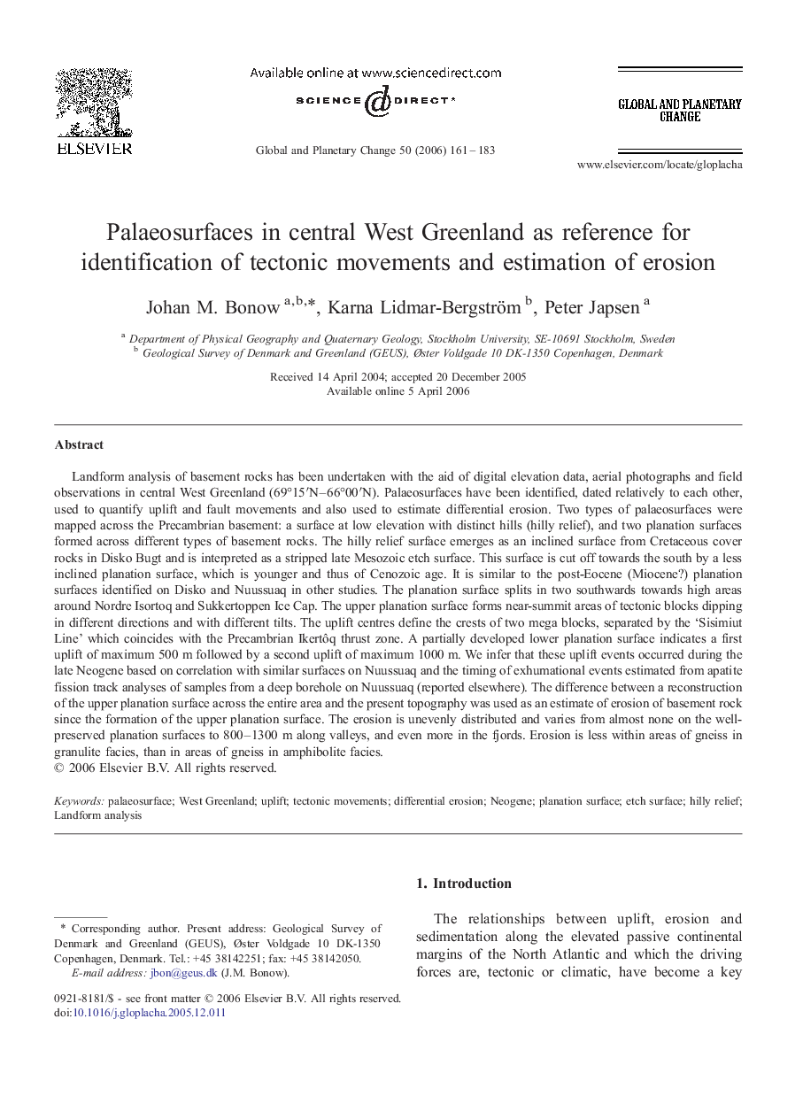 Palaeosurfaces in central West Greenland as reference for identification of tectonic movements and estimation of erosion