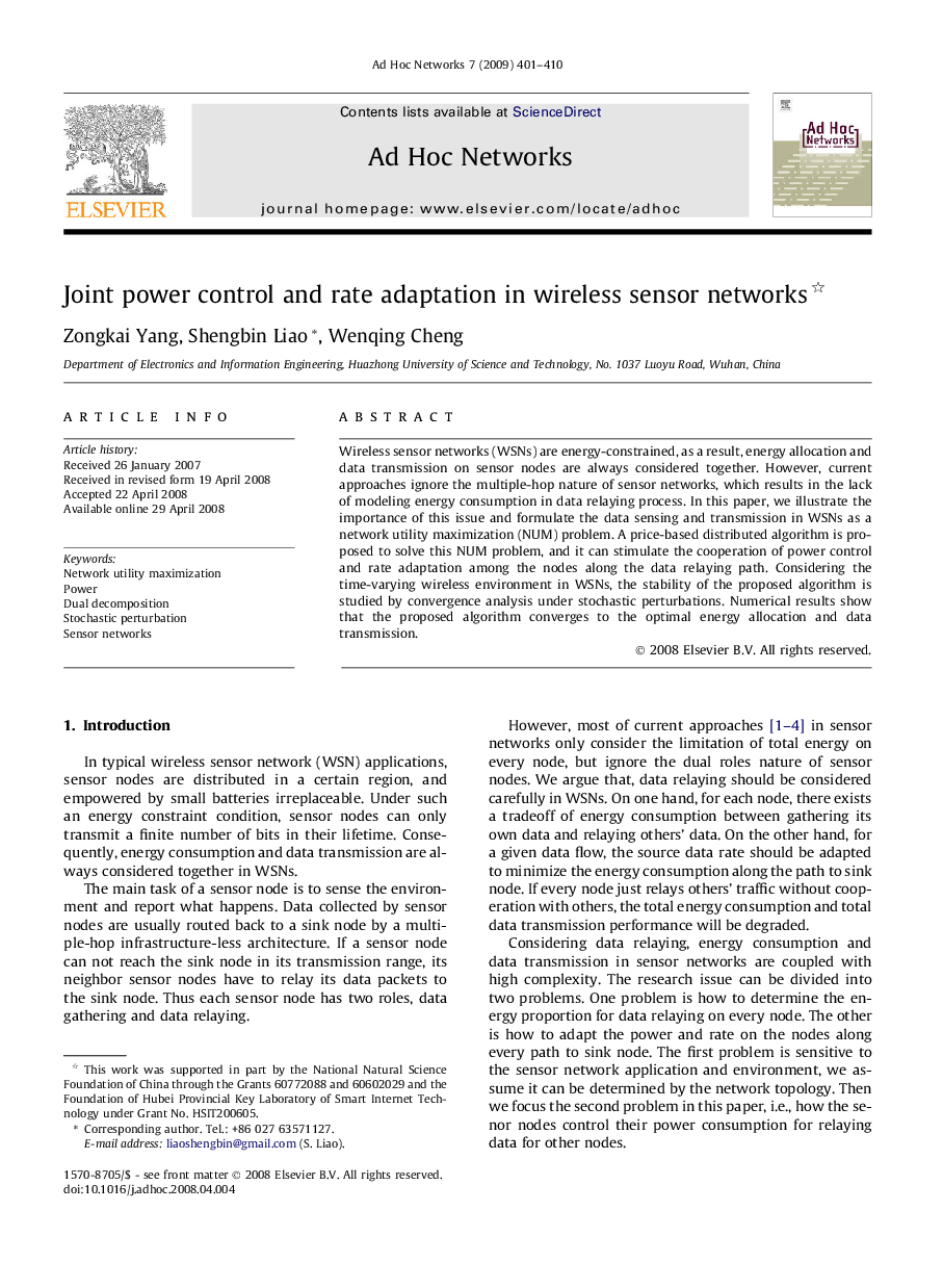 Joint power control and rate adaptation in wireless sensor networks 