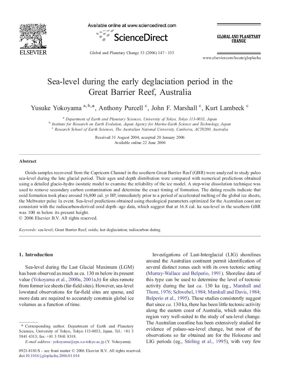 Sea-level during the early deglaciation period in the Great Barrier Reef, Australia