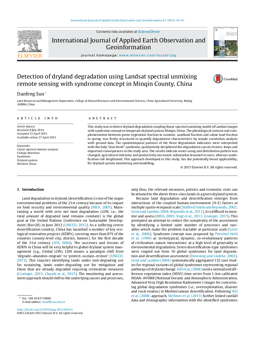 Detection of dryland degradation using Landsat spectral unmixing remote sensing with syndrome concept in Minqin County, China