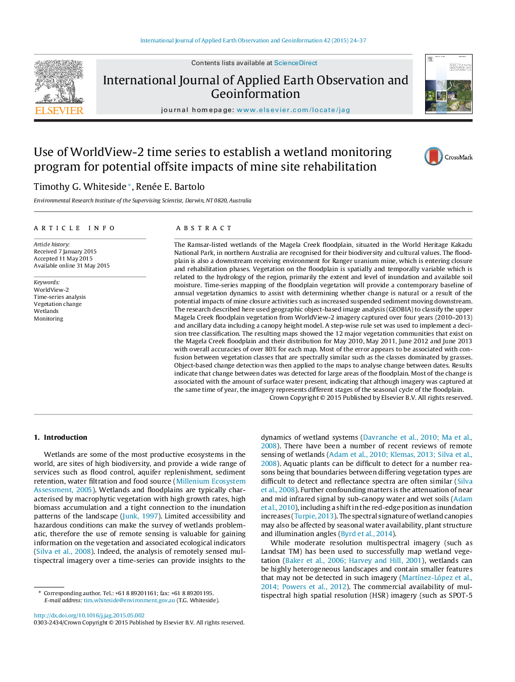 Use of WorldView-2 time series to establish a wetland monitoring program for potential offsite impacts of mine site rehabilitation