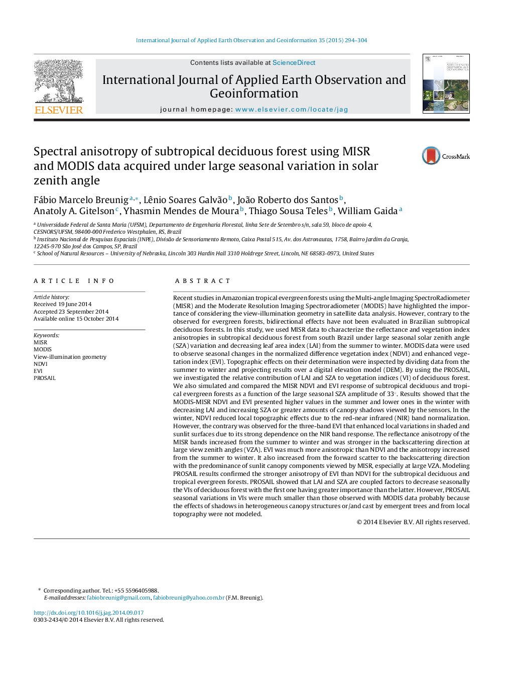 عکس صفحه اول مقاله: Spectral anisotropy of subtropical deciduous forest using MISR and MODIS data acquired under large seasonal variation in solar zenith angle Spectral anisotropy of subtropical deciduous forest using MISR and MODIS data acquired under large seasonal variation in solar zenith angle