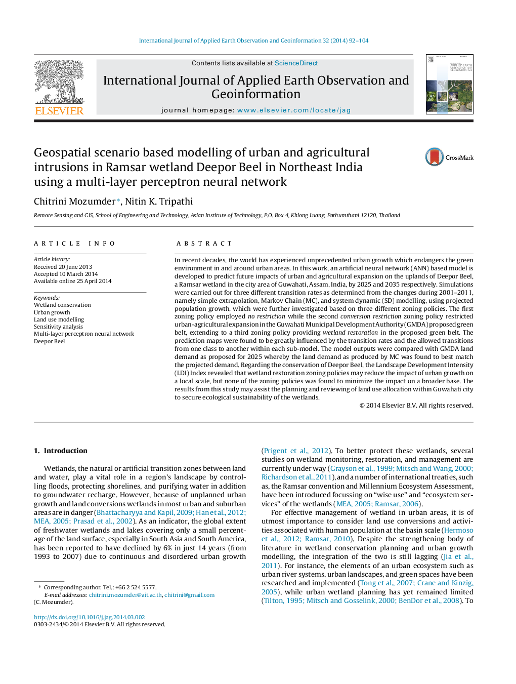 Geospatial scenario based modelling of urban and agricultural intrusions in Ramsar wetland Deepor Beel in Northeast India using a multi-layer perceptron neural network