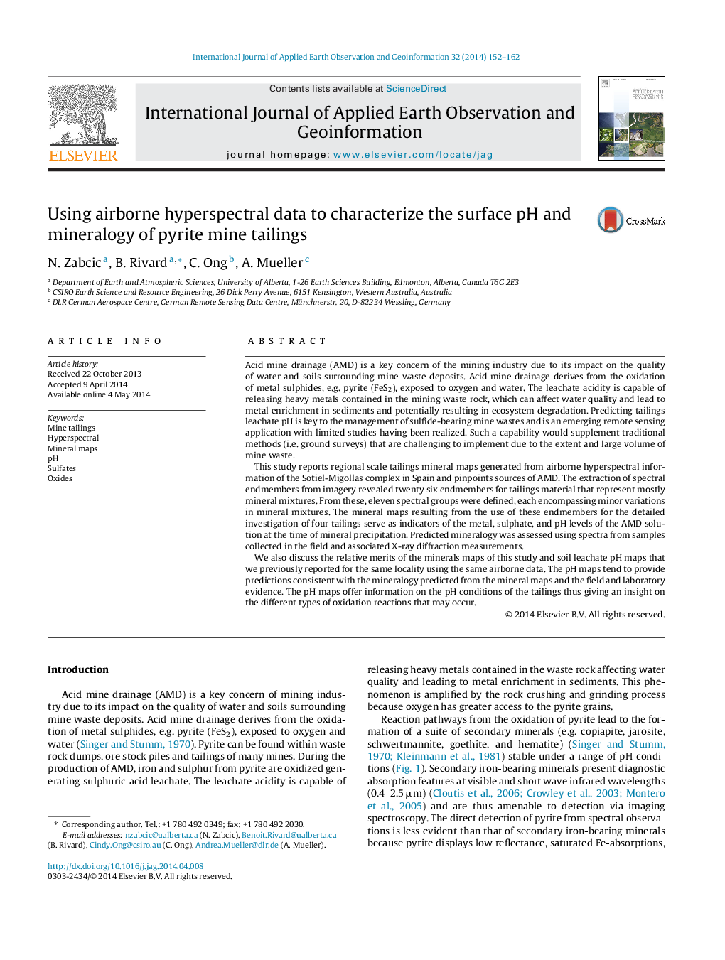 Using airborne hyperspectral data to characterize the surface pH and mineralogy of pyrite mine tailings