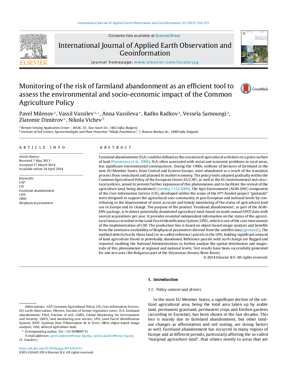 Monitoring of the risk of farmland abandonment as an efficient tool to assess the environmental and socio-economic impact of the Common Agriculture Policy