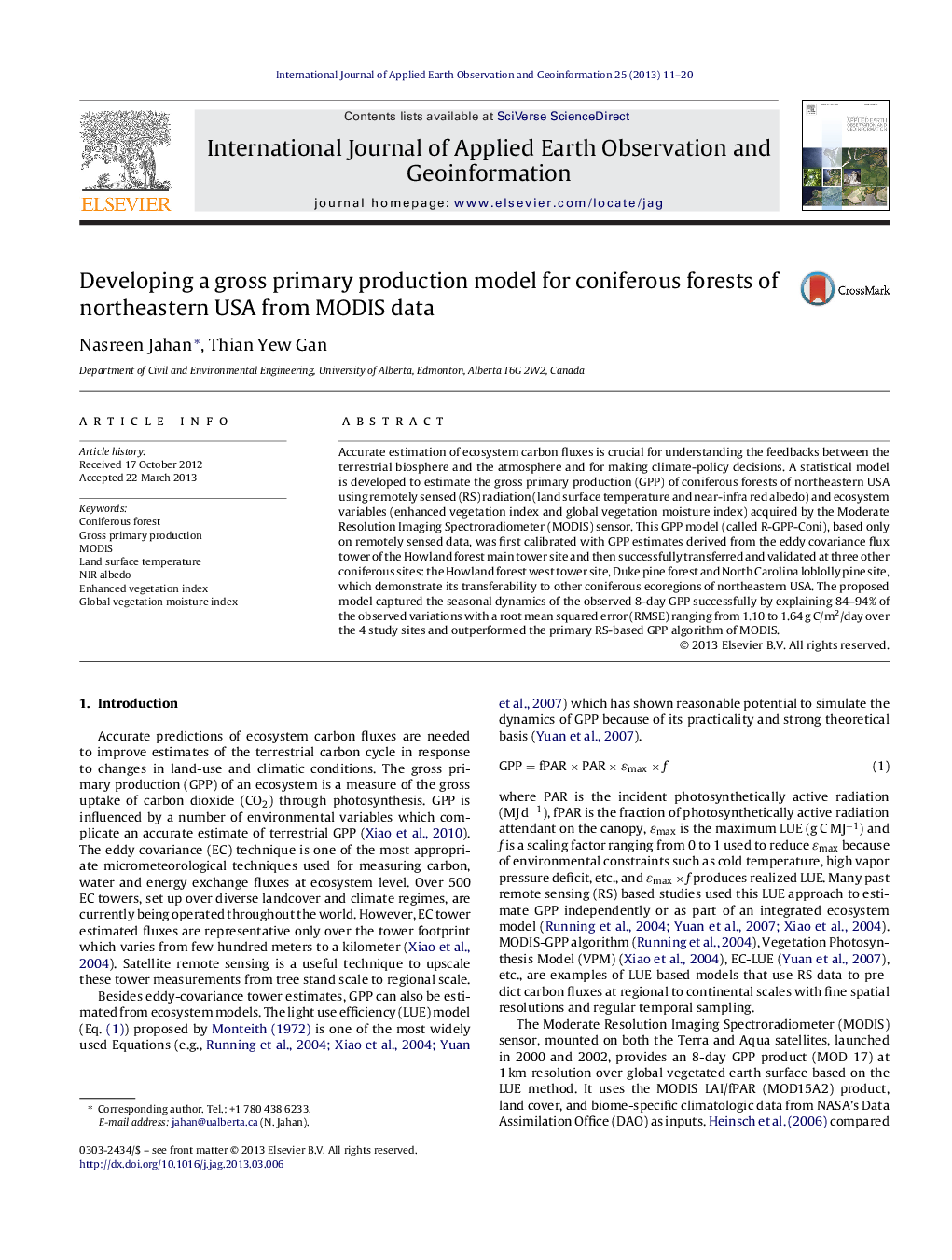 عکس صفحه اول مقاله: Developing a gross primary production model for coniferous forests of northeastern USA from MODIS data Developing a gross primary production model for coniferous forests of northeastern USA from MODIS data