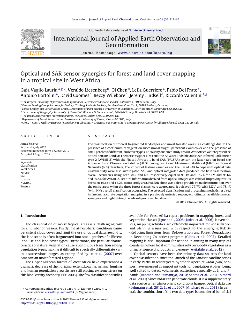 Optical and SAR sensor synergies for forest and land cover mapping in a tropical site in West Africa