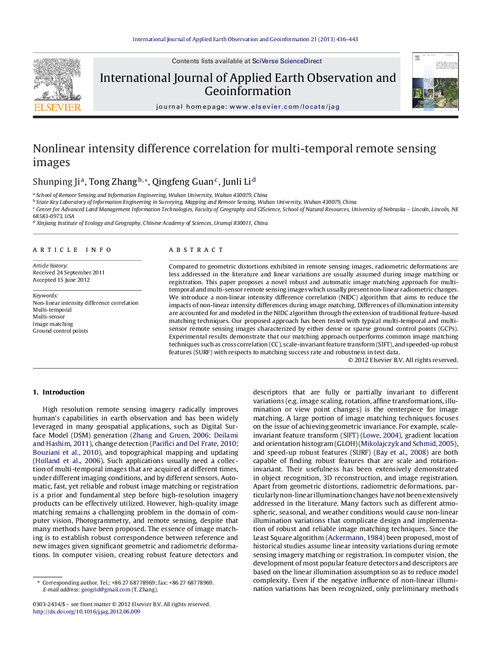 Nonlinear intensity difference correlation for multi-temporal remote sensing images