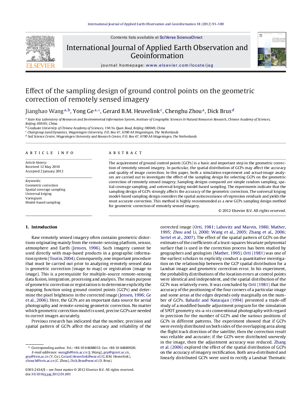 Effect of the sampling design of ground control points on the geometric correction of remotely sensed imagery