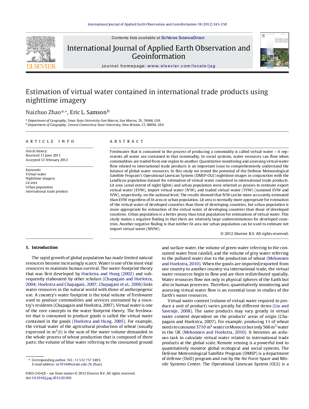 Estimation of virtual water contained in international trade products using nighttime imagery