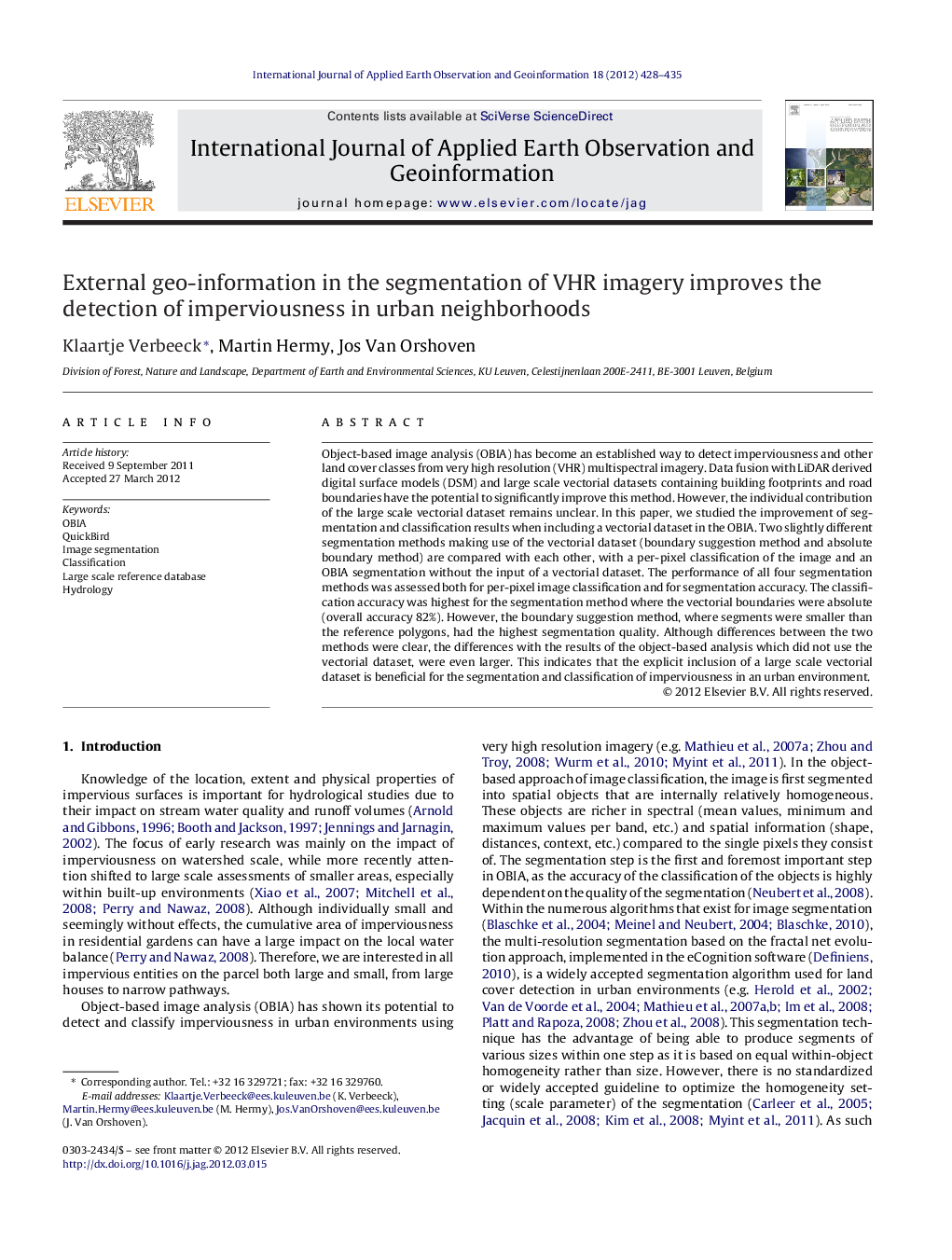 External geo-information in the segmentation of VHR imagery improves the detection of imperviousness in urban neighborhoods