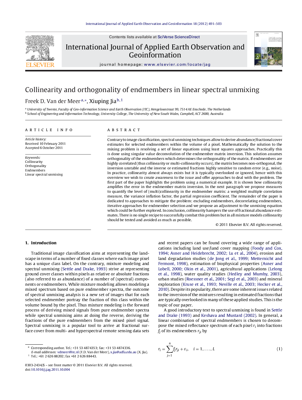 Collinearity and orthogonality of endmembers in linear spectral unmixing