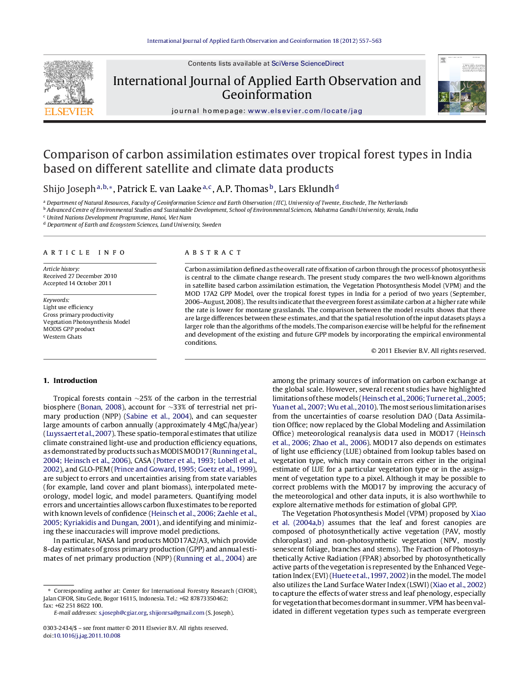 عکس صفحه اول مقاله: Comparison of carbon assimilation estimates over tropical forest types in India based on different satellite and climate data products Comparison of carbon assimilation estimates over tropical forest types in India based on different satellite and climate data products