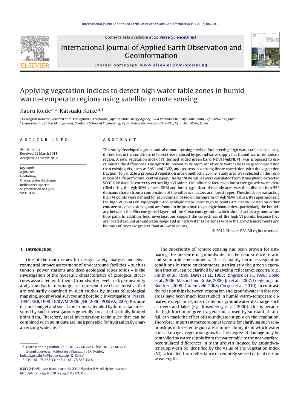 Applying vegetation indices to detect high water table zones in humid warm-temperate regions using satellite remote sensing