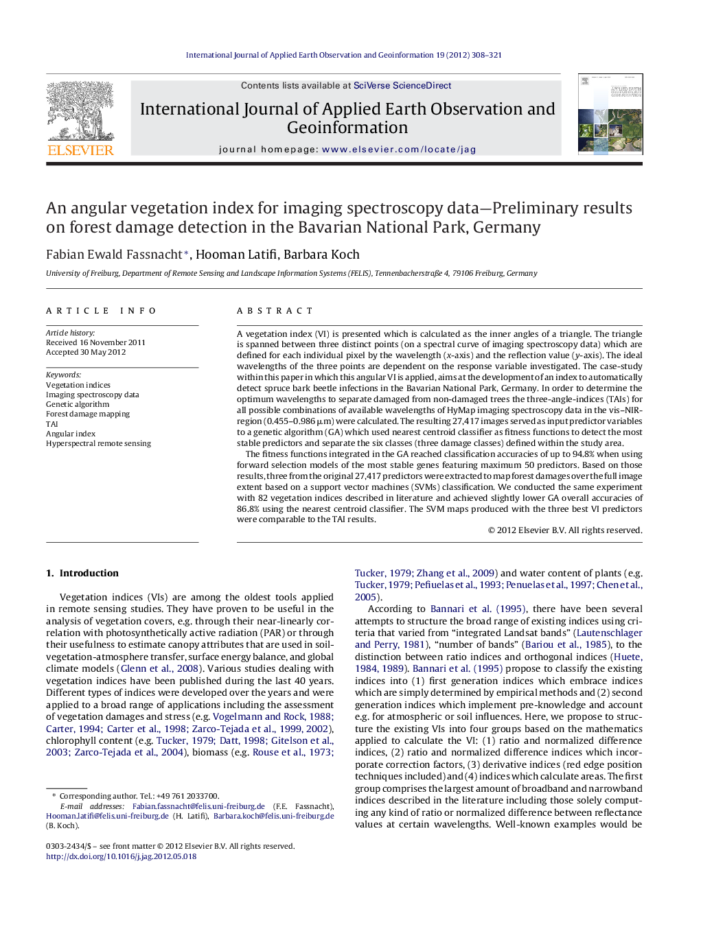 An angular vegetation index for imaging spectroscopy data—Preliminary results on forest damage detection in the Bavarian National Park, Germany