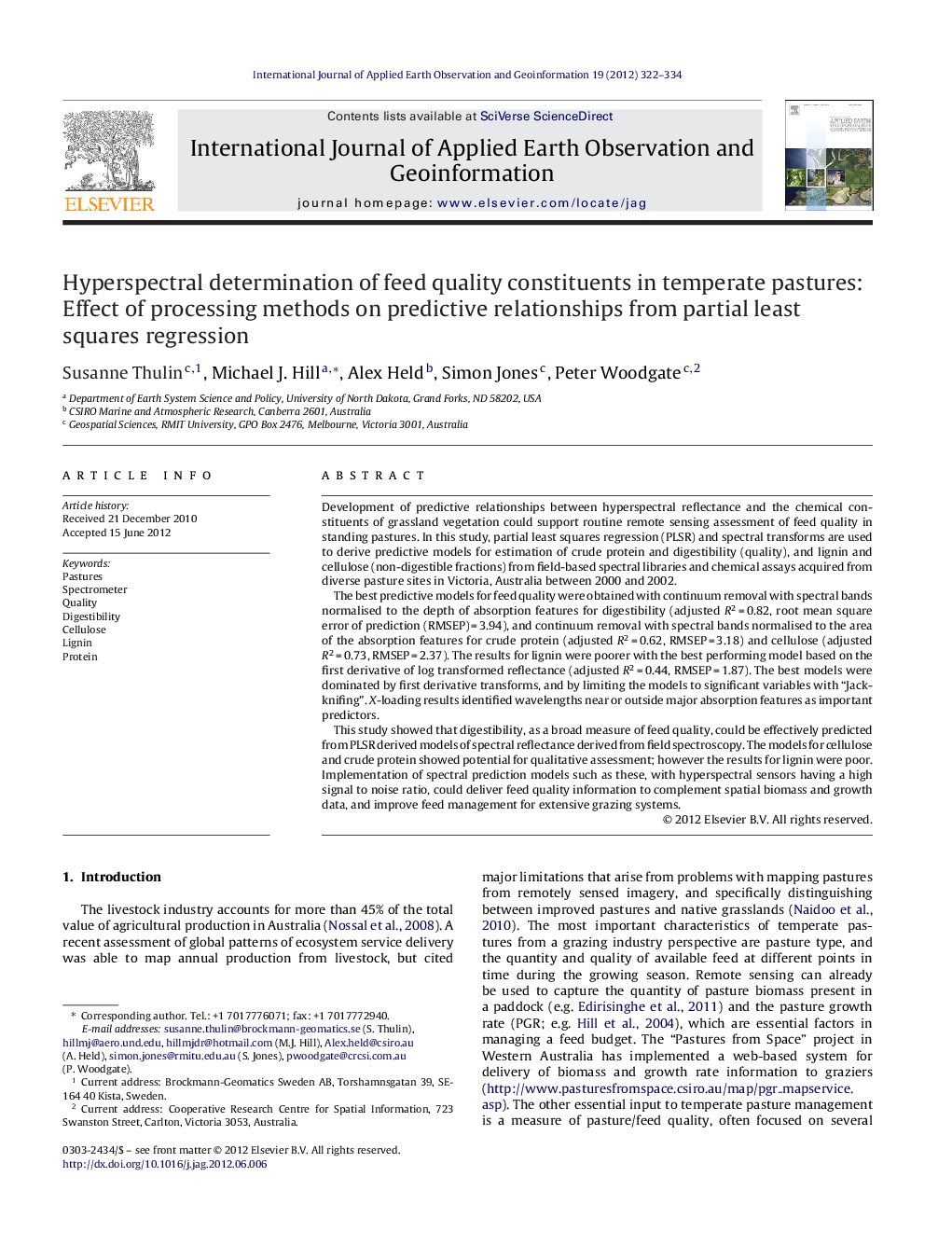 Hyperspectral determination of feed quality constituents in temperate pastures: Effect of processing methods on predictive relationships from partial least squares regression