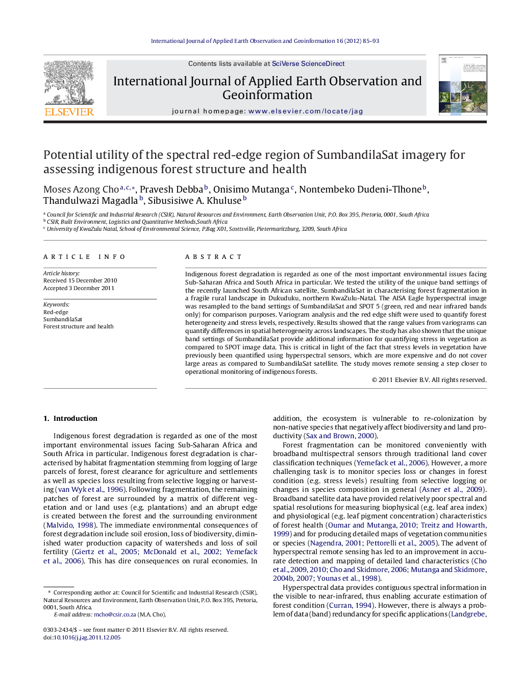 Potential utility of the spectral red-edge region of SumbandilaSat imagery for assessing indigenous forest structure and health