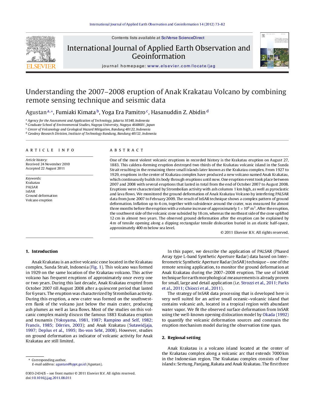 Understanding the 2007–2008 eruption of Anak Krakatau Volcano by combining remote sensing technique and seismic data