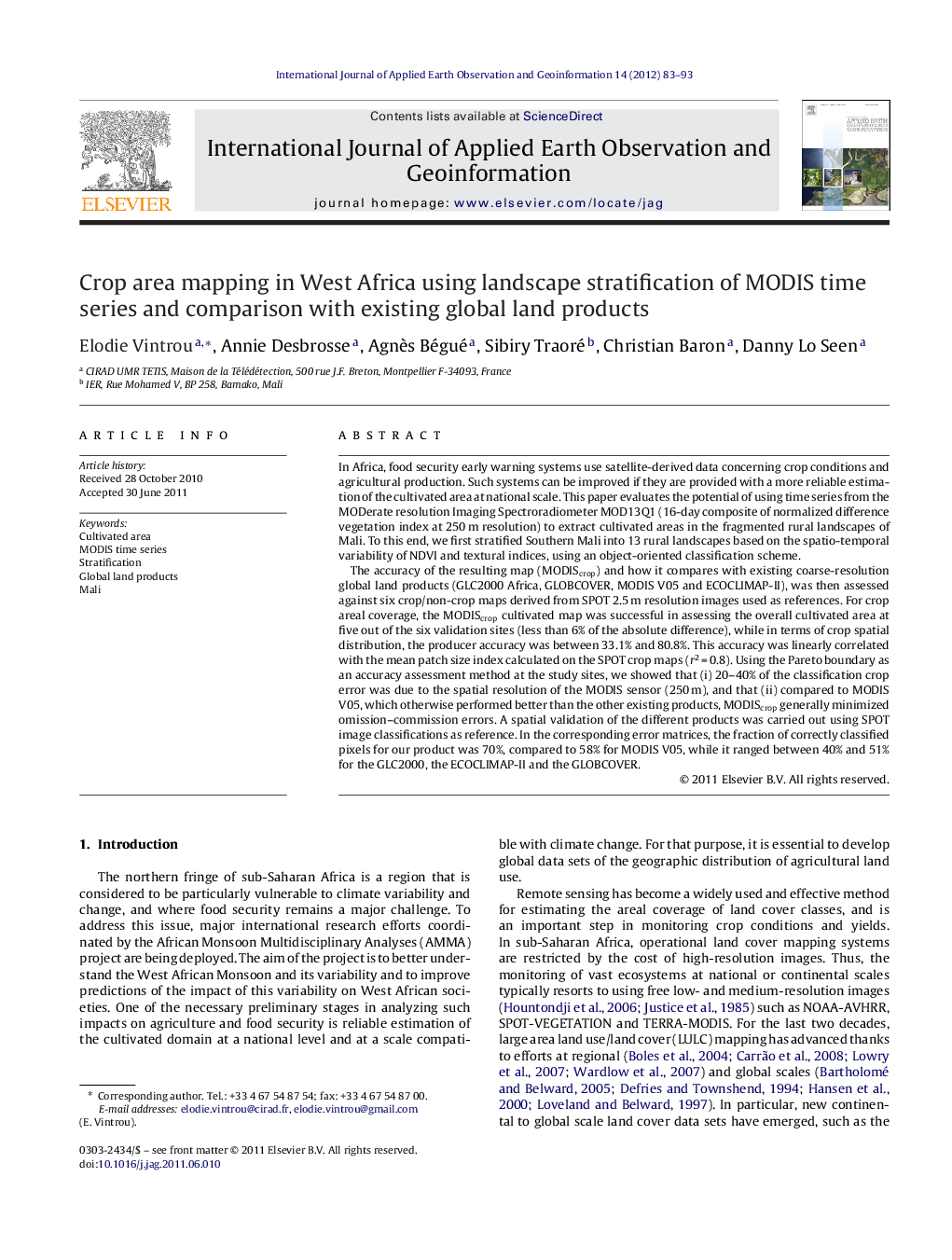 Crop area mapping in West Africa using landscape stratification of MODIS time series and comparison with existing global land products