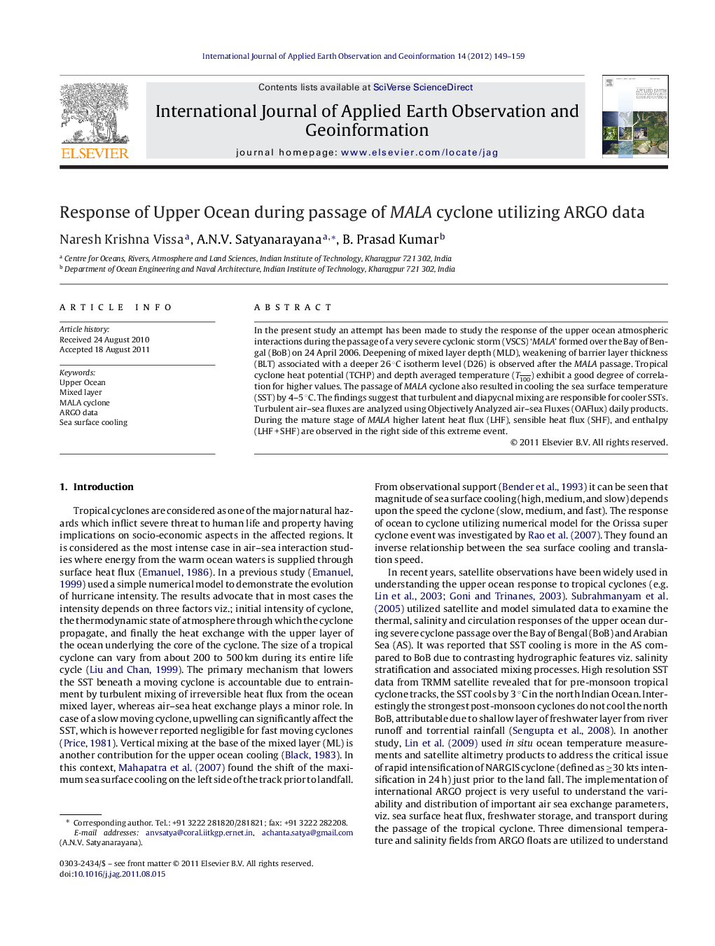 Response of Upper Ocean during passage of MALA cyclone utilizing ARGO data