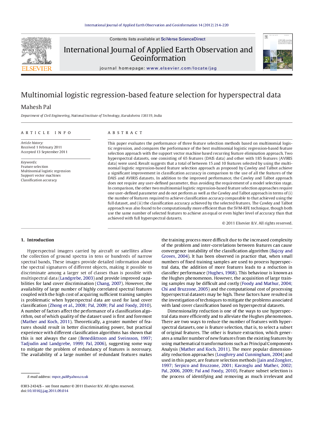 Multinomial logistic regression-based feature selection for hyperspectral data