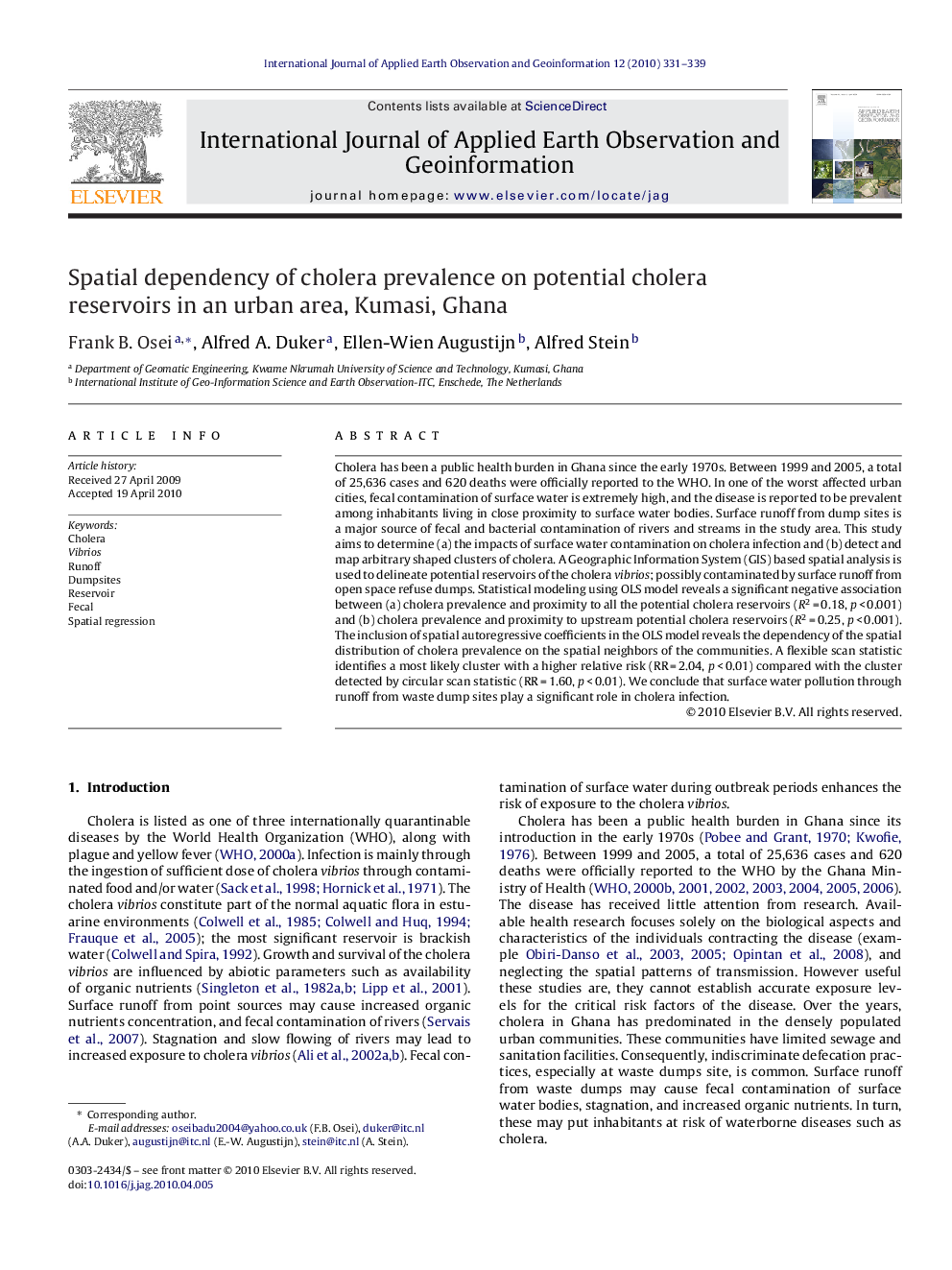 Spatial dependency of cholera prevalence on potential cholera reservoirs in an urban area, Kumasi, Ghana