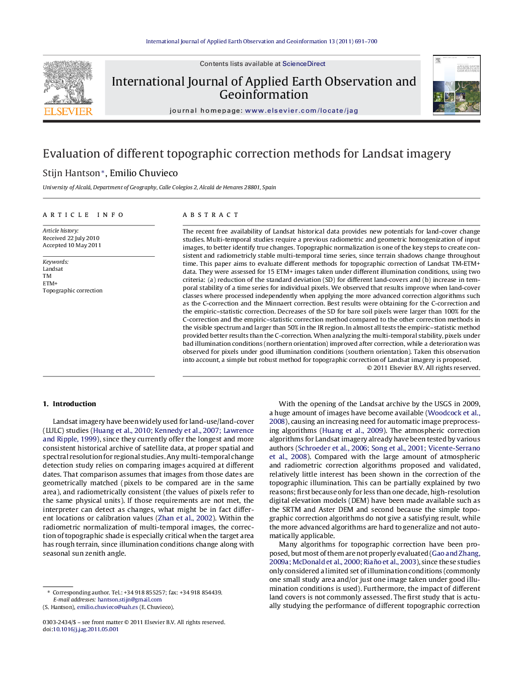 Evaluation of different topographic correction methods for Landsat imagery