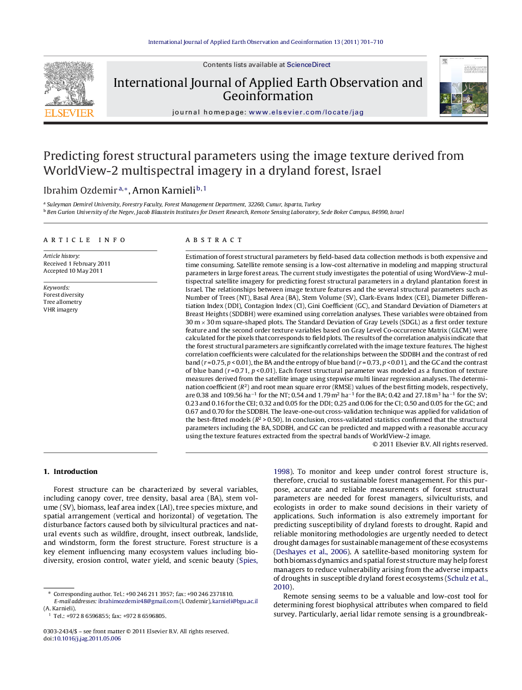 Predicting forest structural parameters using the image texture derived from WorldView-2 multispectral imagery in a dryland forest, Israel