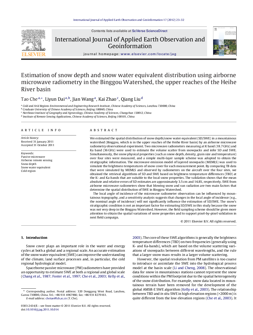 Estimation of snow depth and snow water equivalent distribution using airborne microwave radiometry in the Binggou Watershed, the upper reaches of the Heihe River basin