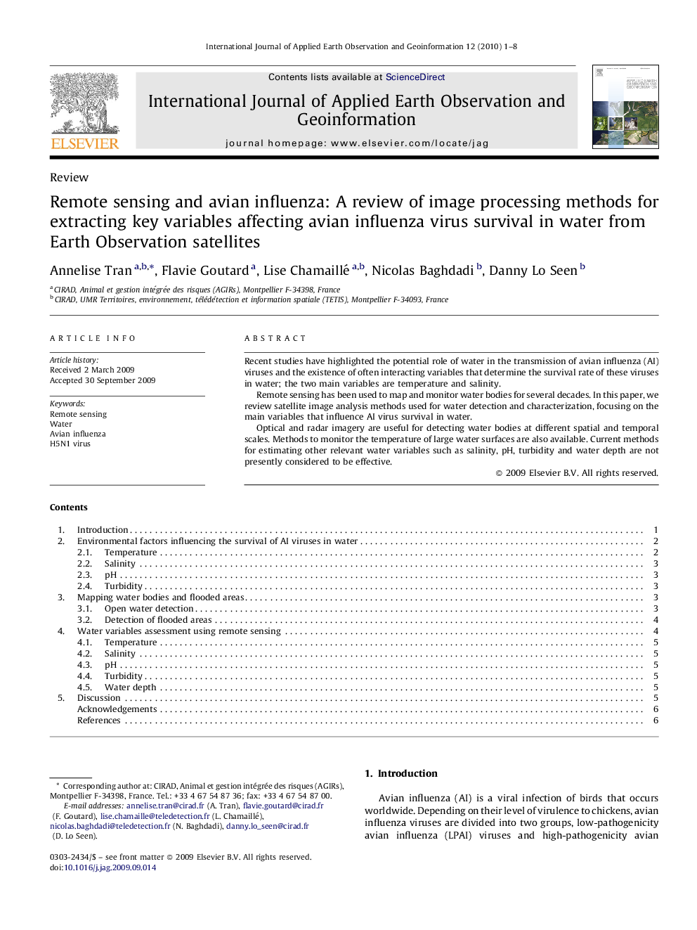 Remote sensing and avian influenza: A review of image processing methods for extracting key variables affecting avian influenza virus survival in water from Earth Observation satellites