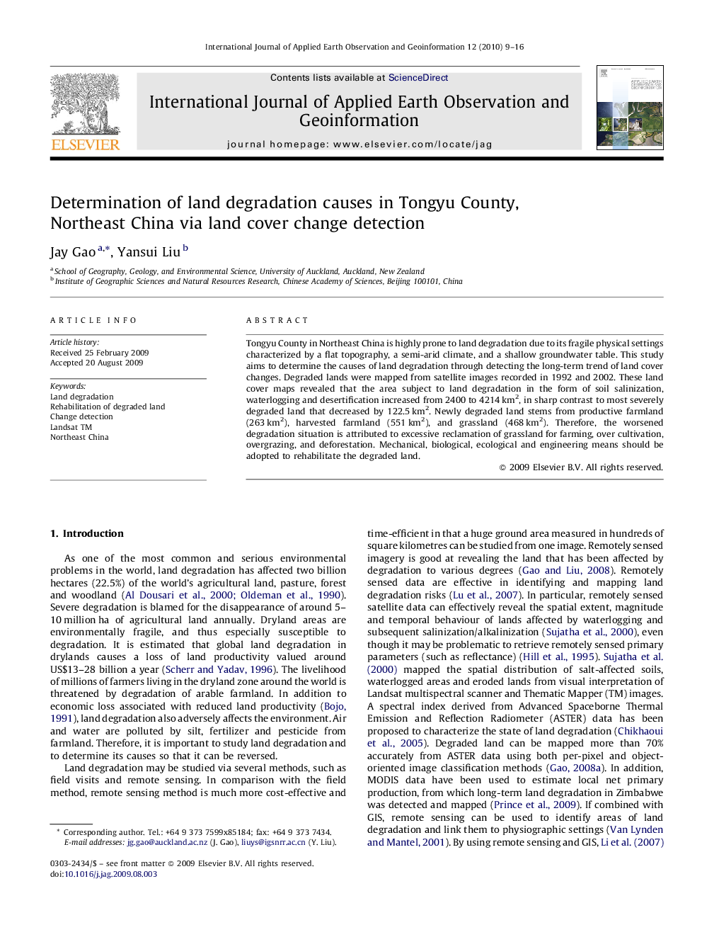 عکس صفحه اول مقاله: Determination of land degradation causes in Tongyu County, Northeast China via land cover change detection Determination of land degradation causes in Tongyu County, Northeast China via land cover change detection