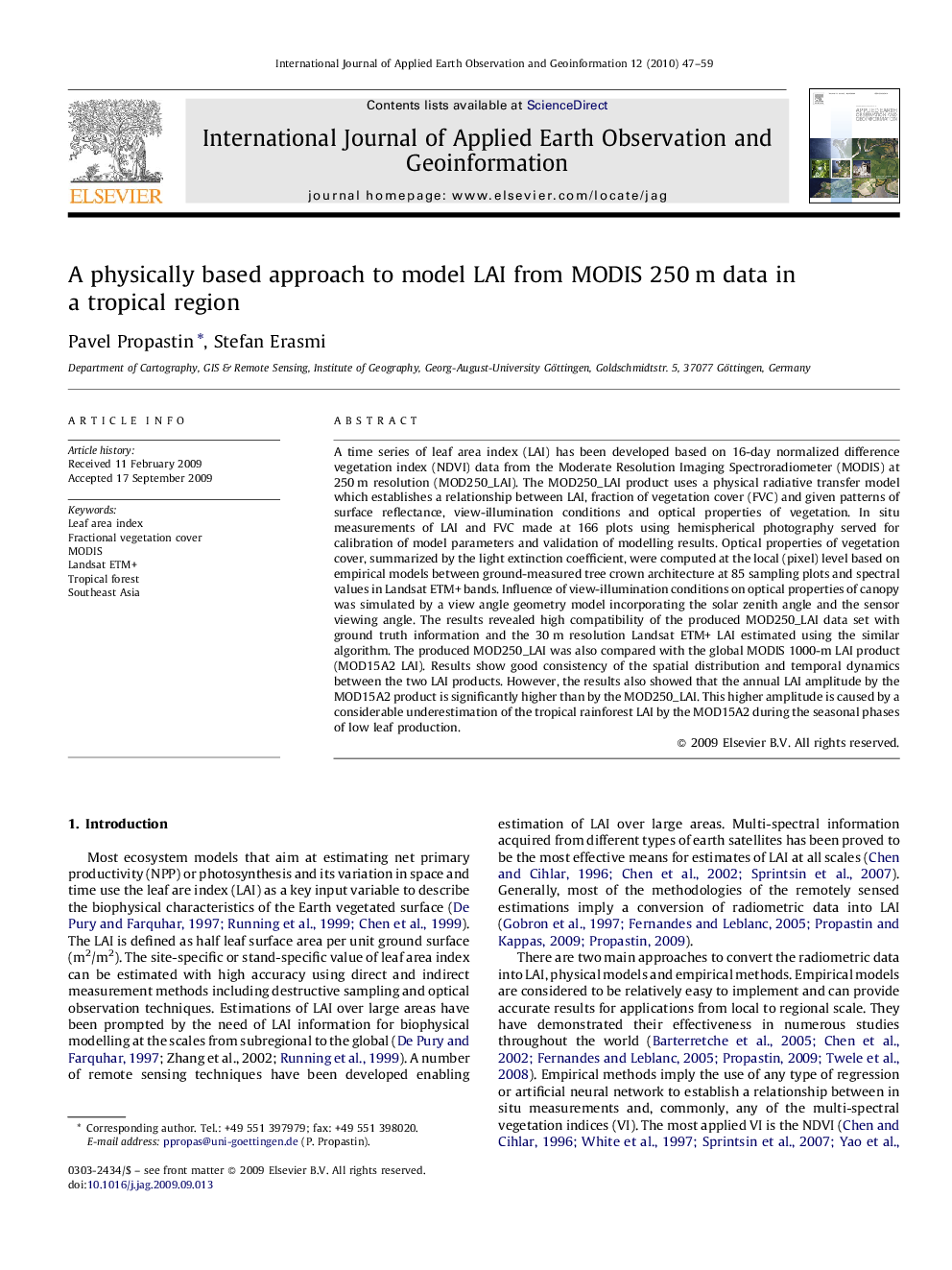 A physically based approach to model LAI from MODIS 250 m data in a tropical region