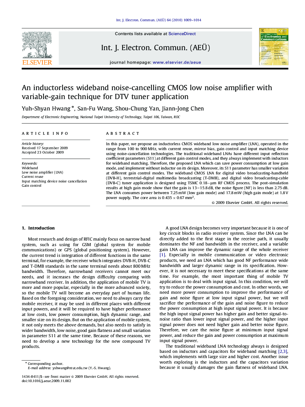 An inductorless wideband noise-cancelling CMOS low noise amplifier with variable-gain technique for DTV tuner application