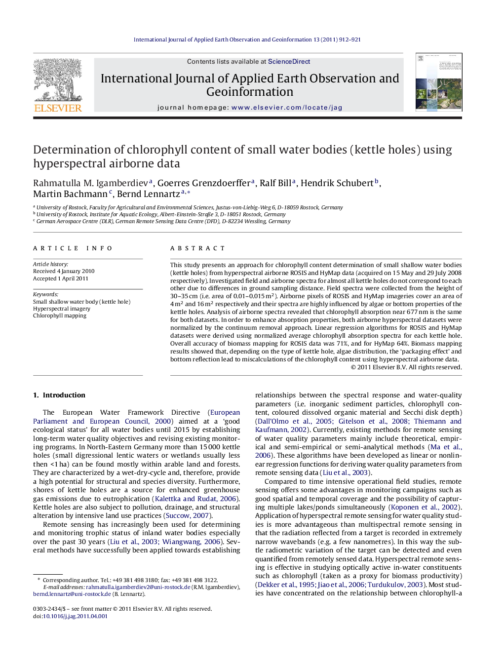 Determination of chlorophyll content of small water bodies (kettle holes) using hyperspectral airborne data