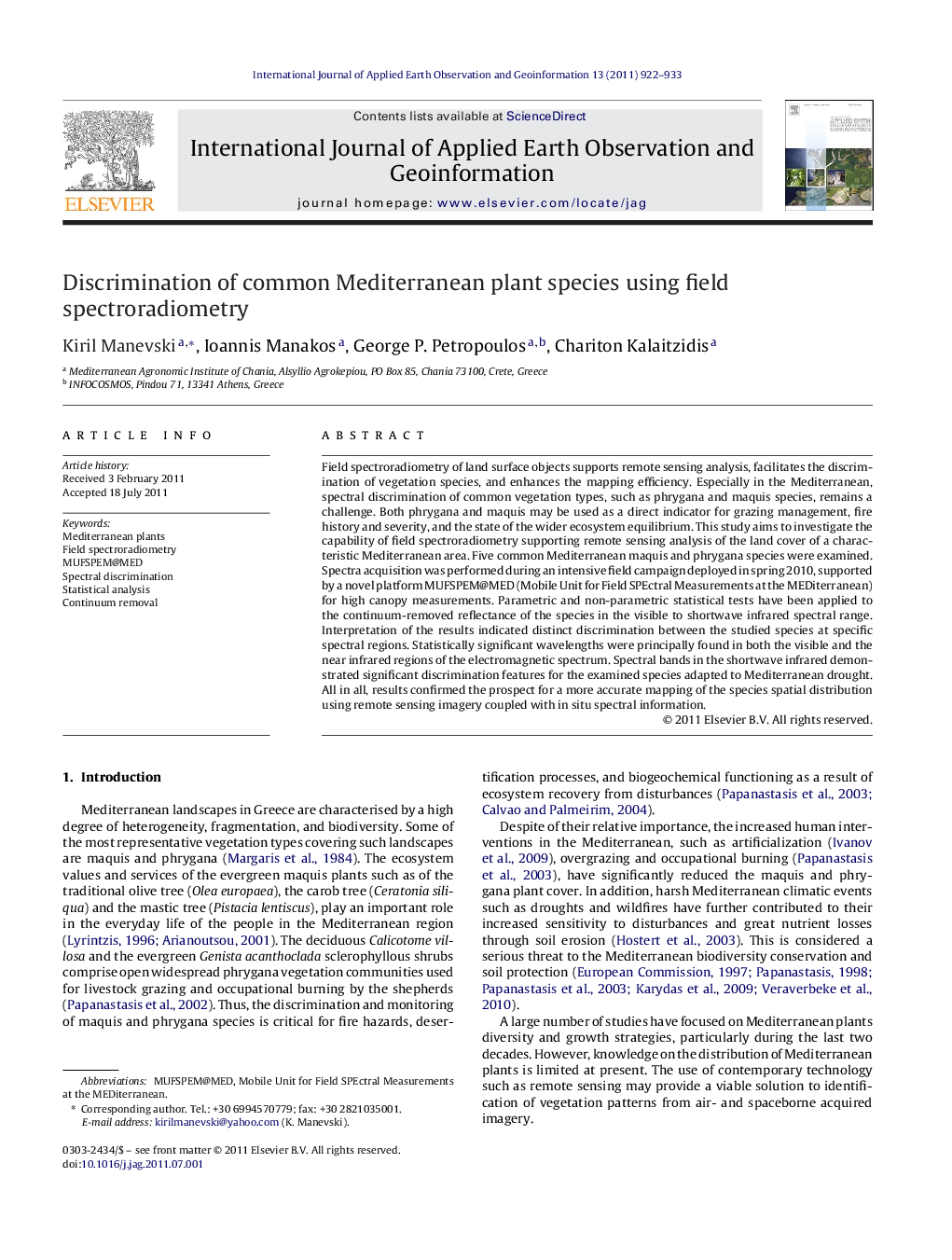 Discrimination of common Mediterranean plant species using field spectroradiometry