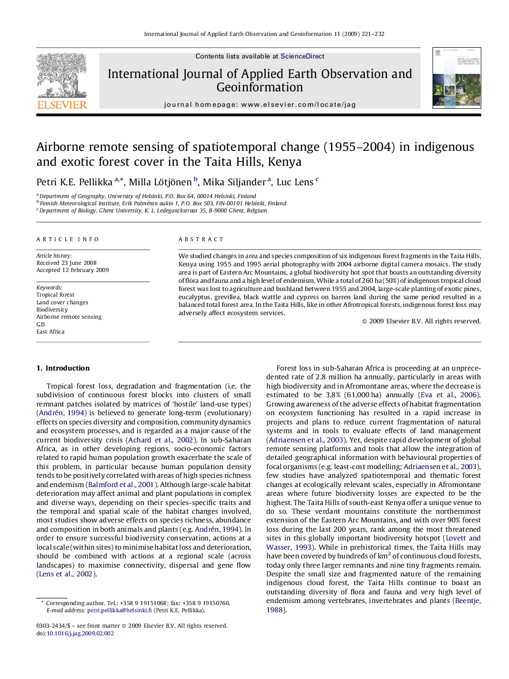 Airborne remote sensing of spatiotemporal change (1955–2004) in indigenous and exotic forest cover in the Taita Hills, Kenya