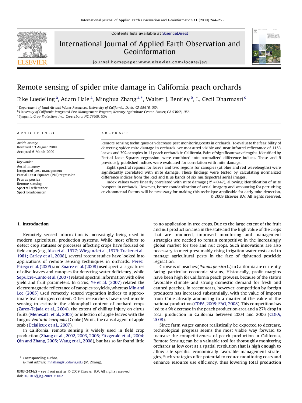 Remote sensing of spider mite damage in California peach orchards