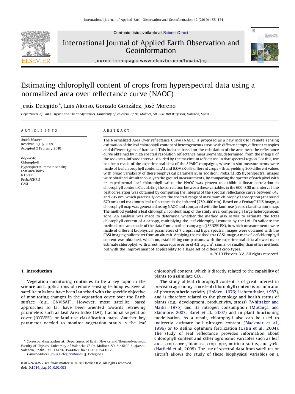 Estimating chlorophyll content of crops from hyperspectral data using a normalized area over reflectance curve (NAOC)