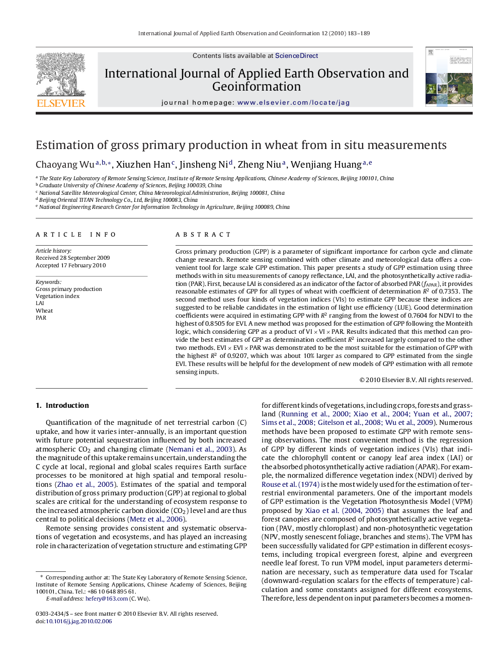 Estimation of gross primary production in wheat from in situ measurements