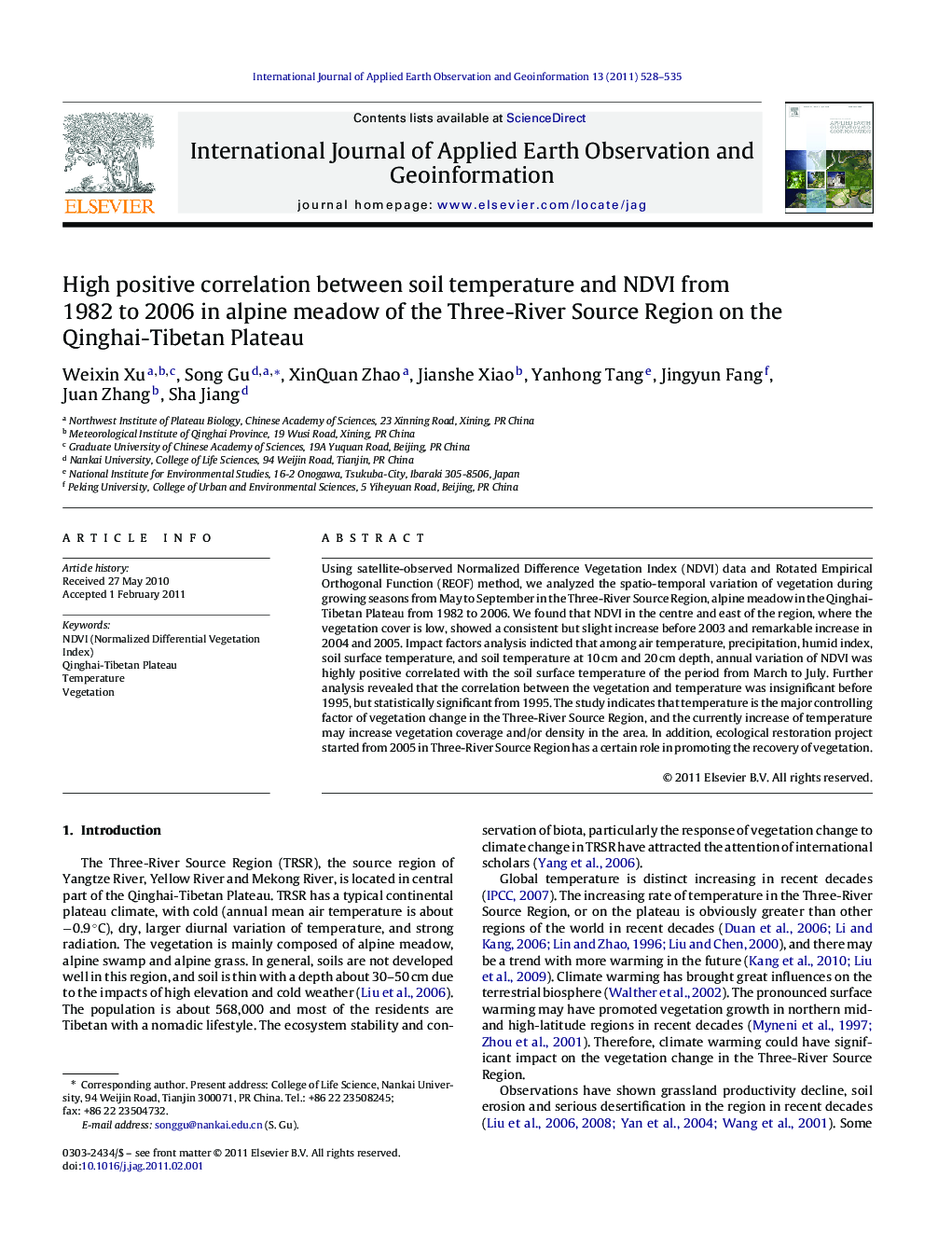 High positive correlation between soil temperature and NDVI from 1982 to 2006 in alpine meadow of the Three-River Source Region on the Qinghai-Tibetan Plateau