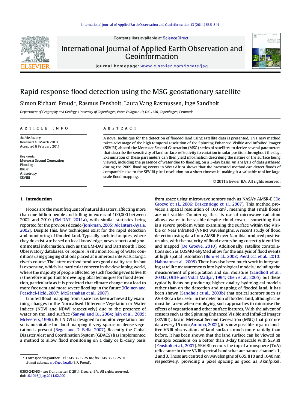 Rapid response flood detection using the MSG geostationary satellite