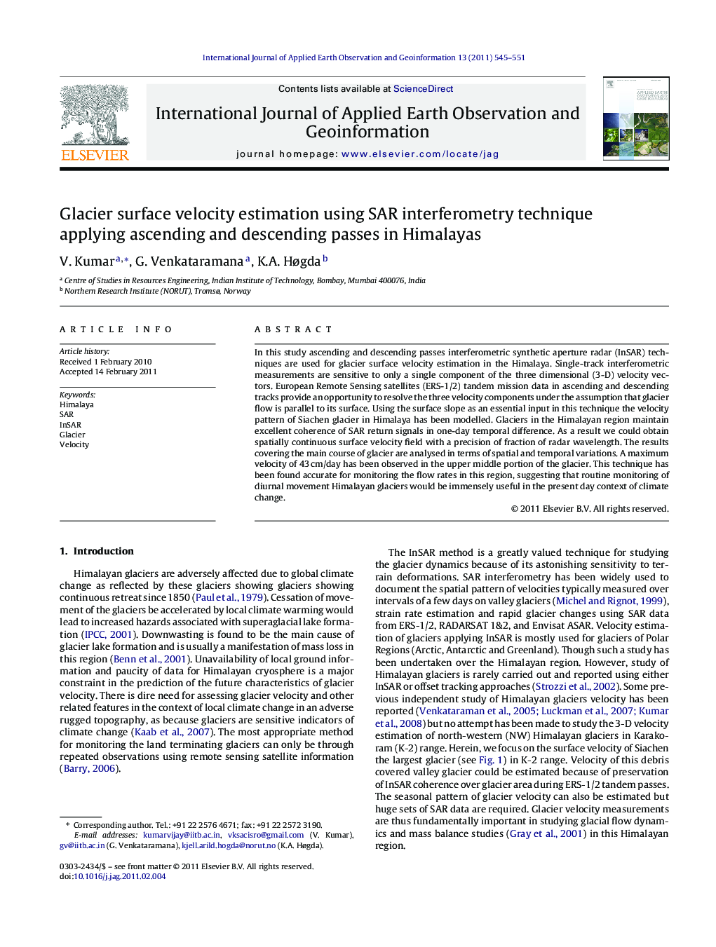 Glacier surface velocity estimation using SAR interferometry technique applying ascending and descending passes in Himalayas