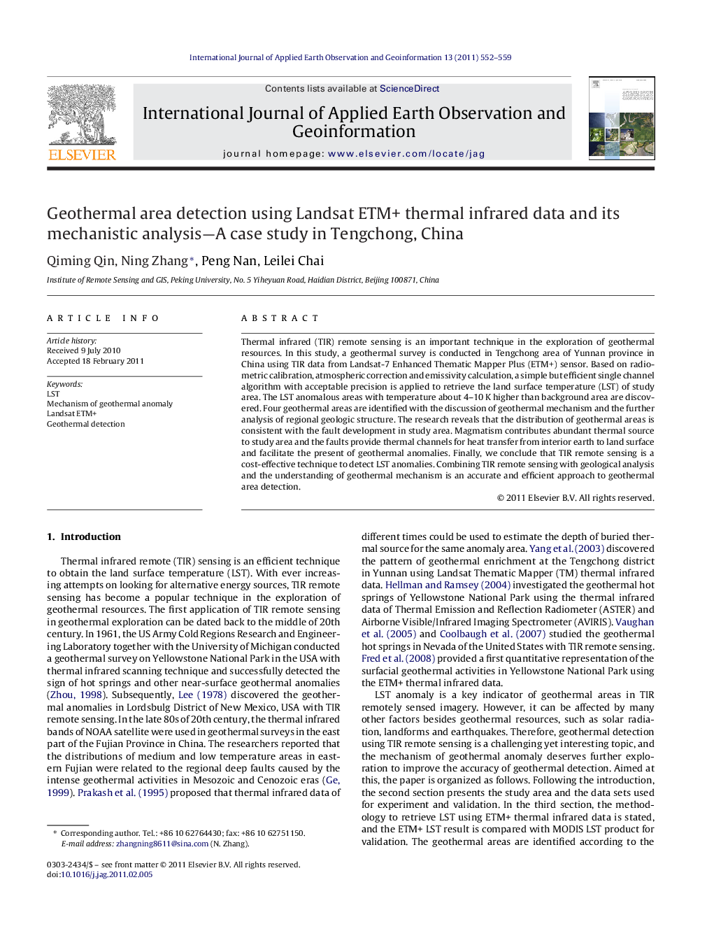 Geothermal area detection using Landsat ETM+ thermal infrared data and its mechanistic analysis—A case study in Tengchong, China