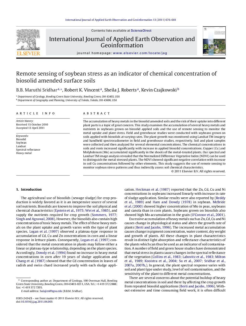 Remote sensing of soybean stress as an indicator of chemical concentration of biosolid amended surface soils