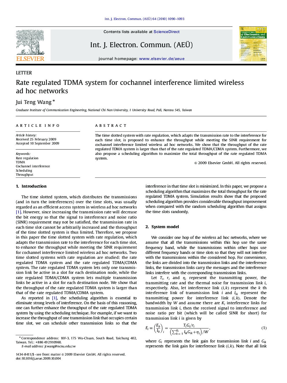 Rate regulated TDMA system for cochannel interference limited wireless ad hoc networks