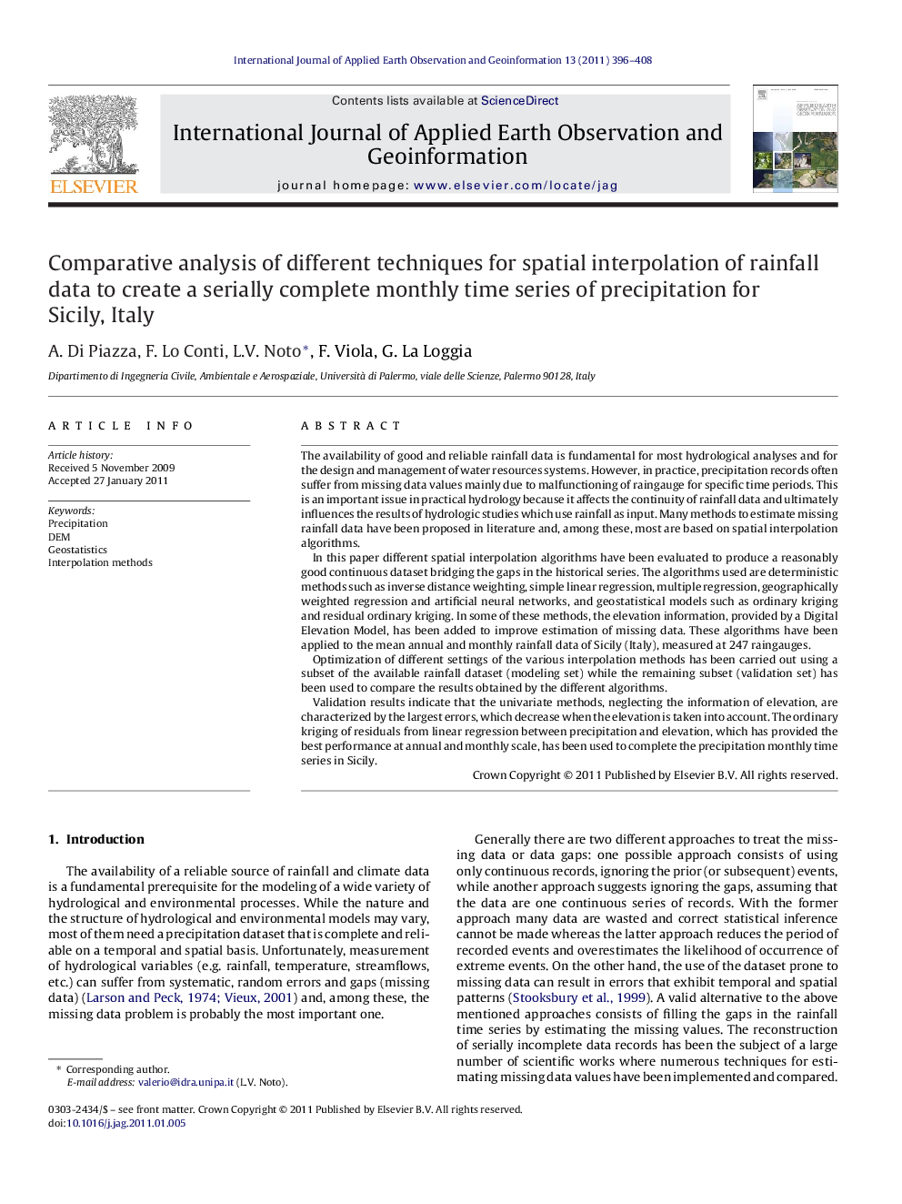 Comparative analysis of different techniques for spatial interpolation of rainfall data to create a serially complete monthly time series of precipitation for Sicily, Italy