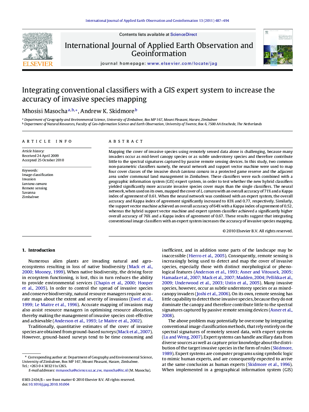 Integrating conventional classifiers with a GIS expert system to increase the accuracy of invasive species mapping